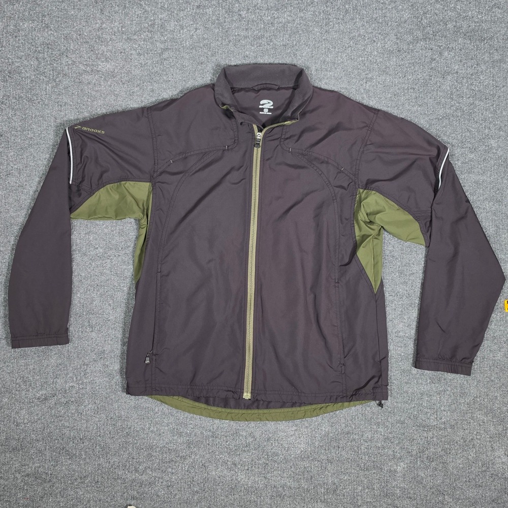 Brooks Mens Running Jacket Brown Olive Green Full Zip Mesh Lined Reflective Med